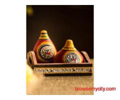 ExclusiveLane Red Terracotta Warli Hand-Painted Salt & Pepper Shaker With Tray