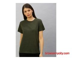 Roadster Women Olive Green Solid Round Neck T-shirt
