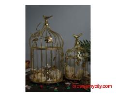 Homesake Gold-Toned Set of 2 Hand-Crafted Bird Cage Showpiece with Hanging Chain