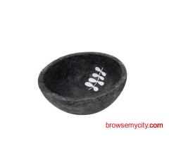 Dark Grey Paper Mache Bowl with White Twig Leaf Design