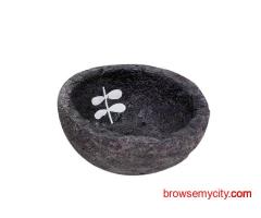 Dark Grey Paper Mache Bowl with White Twig Leaf Design
